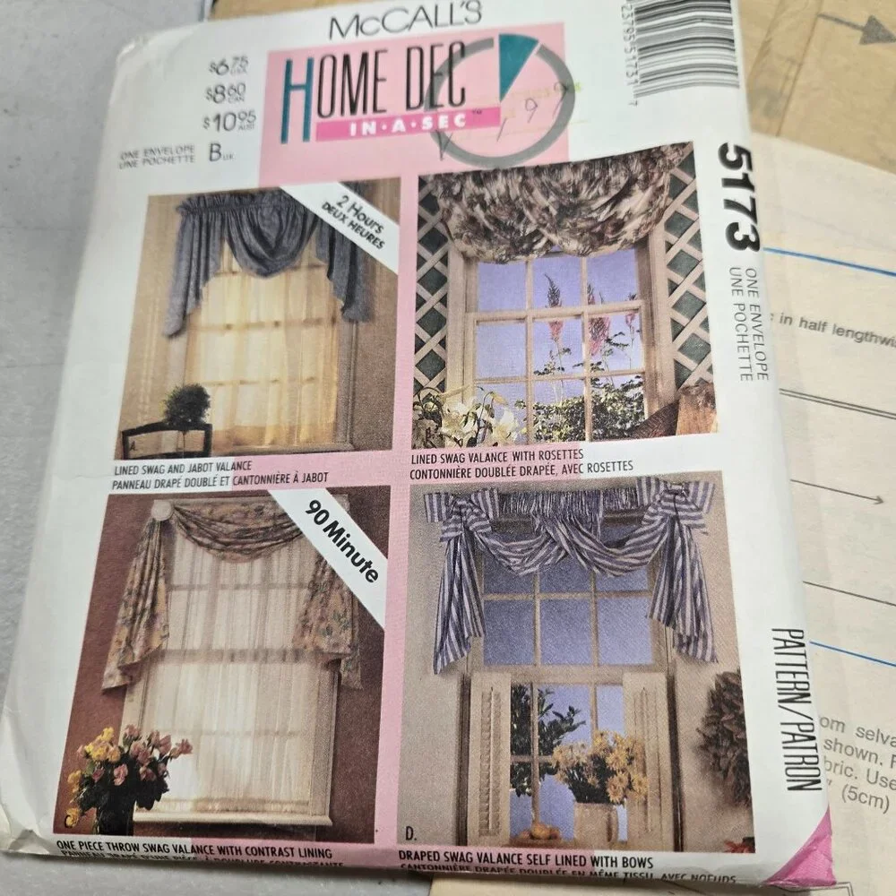 McCalls 5173 Sewing Pattern Home Dec In a sec, Lined Swag, Valance, Rosettes CUT